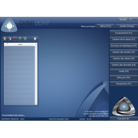 Ecran d'accueil du logiciel de caisse DYNALIGHT