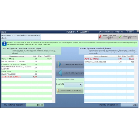 Fractionnement de note avec le logiciel de caisse DYNARESTO CS 